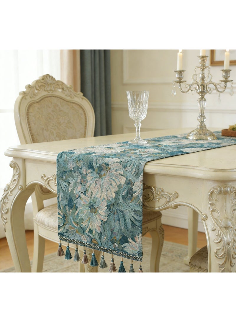 مفرش طاولة بوهيمي مزين بالزهور مع شرابات زرقاء - جاكار عتيق، طوله 30 × 183 سم، مناسب لتزيين غرف الطعام، وحفلات الزفاف، والحفلات، والديكورات الريفية والساحلية. - Image 5